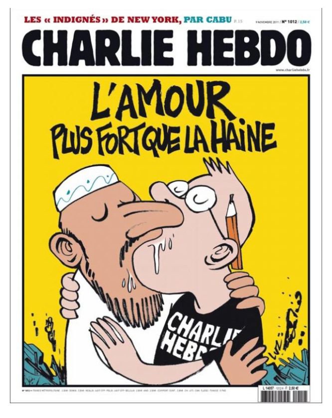 Tras el ataque a su oficina en París, 'Charlie Hebdo' publicó la caricatura de un musulmán y un dibujante besándose. Se leía: "El amor es más fuerte que el odio". Tras el ataque a su oficina en París, 'Charlie Hebdo' publicó la caricatura de un musulmán y un dibujante besándose. Se leía: "El amor es más fuerte que el odio".