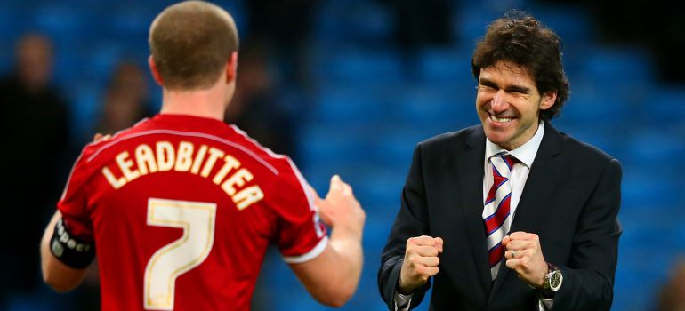 MANCHESTER, ENGLAND - JANUARY 24:  Aitor Karanka, manager of Middlesbrough celebrates with Grant Leadbitter after the FA Cup Fourth Round match between Manchester City and Middlesbrough at Etihad Stadium on January 24, 2015 in Manchester, England.  (Photo by Alex Livesey/Getty Images)