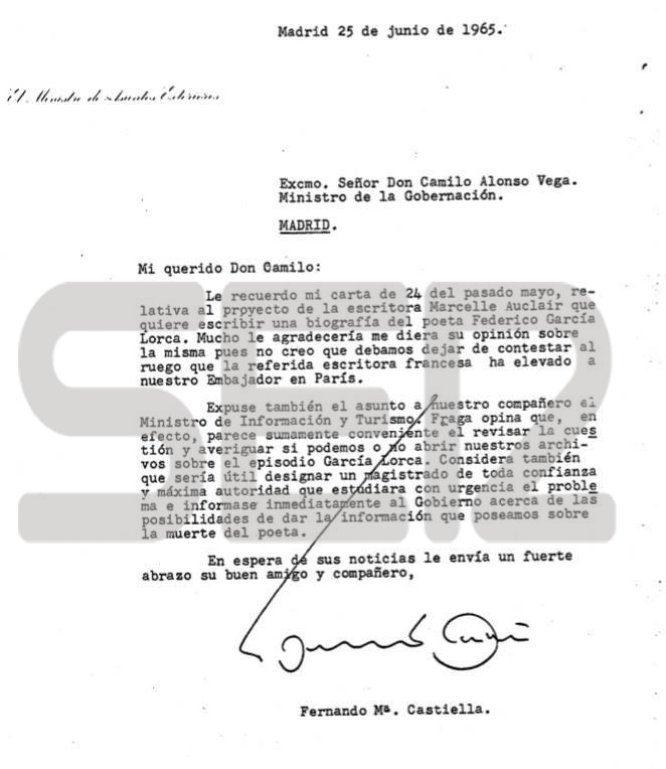 Carta del ministro de Asuntos Exteriores al ministro de la Gobernación en la que se discute sobre la conveniencia de investigar la muerte de García Lorca. Carta del ministro de Asuntos Exteriores al ministro de la Gobernación en la que se discute sobre la conveniencia de investigar la muerte de García Lorca.