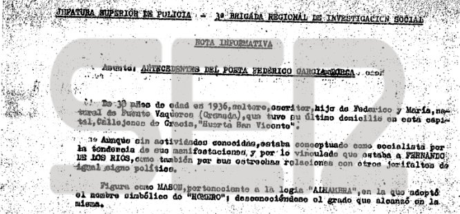 Fragmento de la nota informativa de la Tercera Brigada Regional de Investigación Social de la Jefatura Superior de Policía de Granada sobre la muerte del poeta. Fragmento de la nota informativa de la Tercera Brigada Regional de Investigación Social de la Jefatura Superior de Policía de Granada sobre la muerte del poeta.