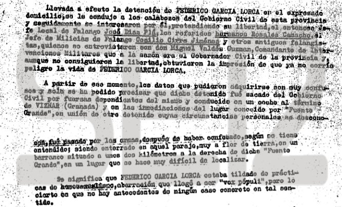 Fragmento de la nota informativa de la Tercera Brigada Regional de Investigación Social de la Jefatura Superior de Policía de Granada sobre la muerte del poeta. Fragmento de la nota informativa de la Tercera Brigada Regional de Investigación Social de la Jefatura Superior de Policía de Granada sobre la muerte del poeta.