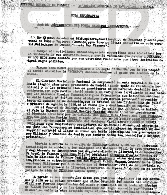 Nota informativa de 1965 sobre los últimos días de Federico García Lorca. Nota informativa de 1965 sobre los últimos días de Federico García Lorca.