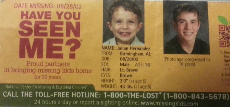 Panfleto de Julian Hernandez que publicó la web www.missingkids.com.