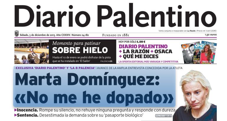 Primera página de 'Diario Palentino', el sábado 5 de diciembre de 2015