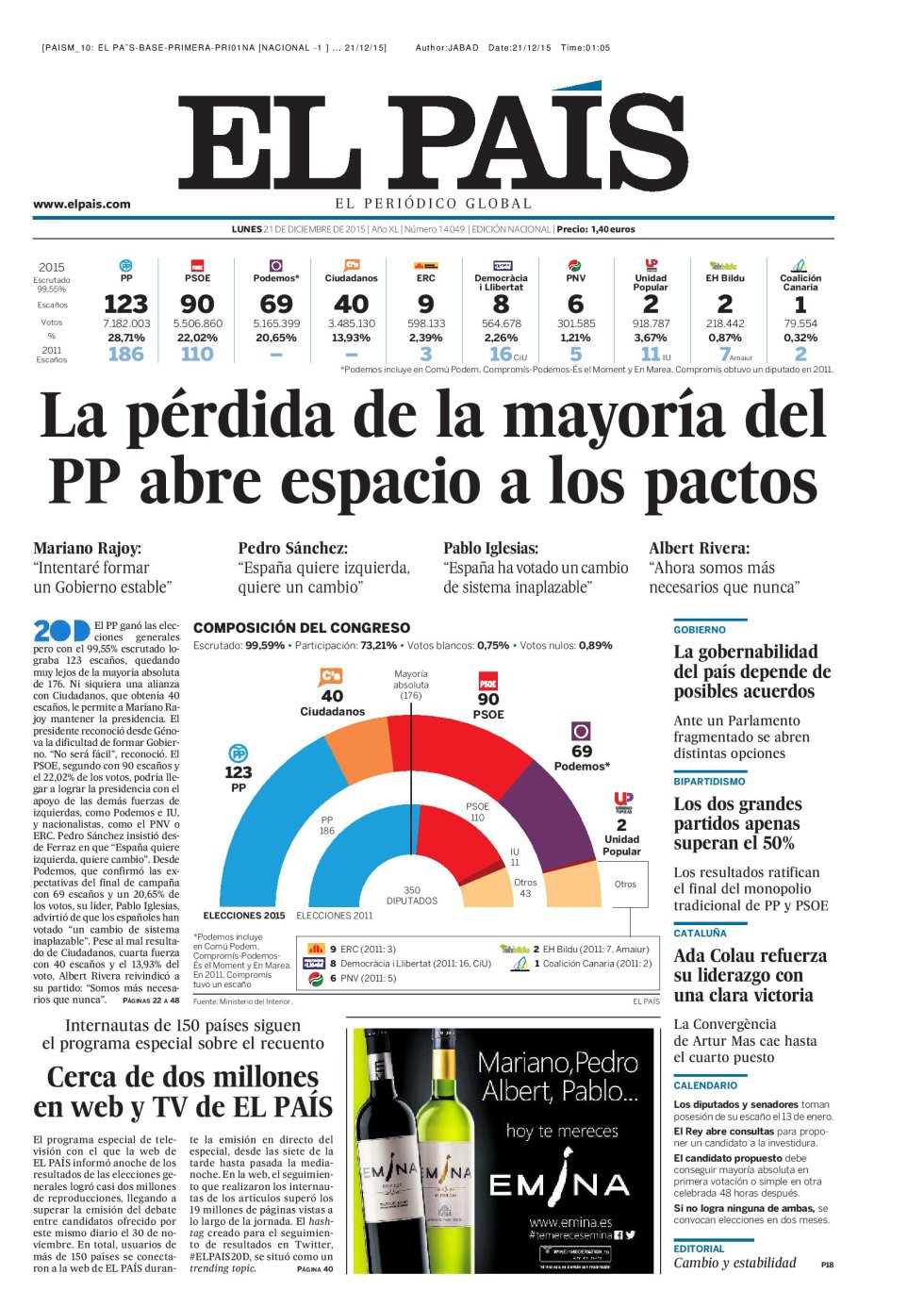 Portada de 'El País' del 21 de diciembre de 2015. Portada de 'El País' del 21 de diciembre de 2015.