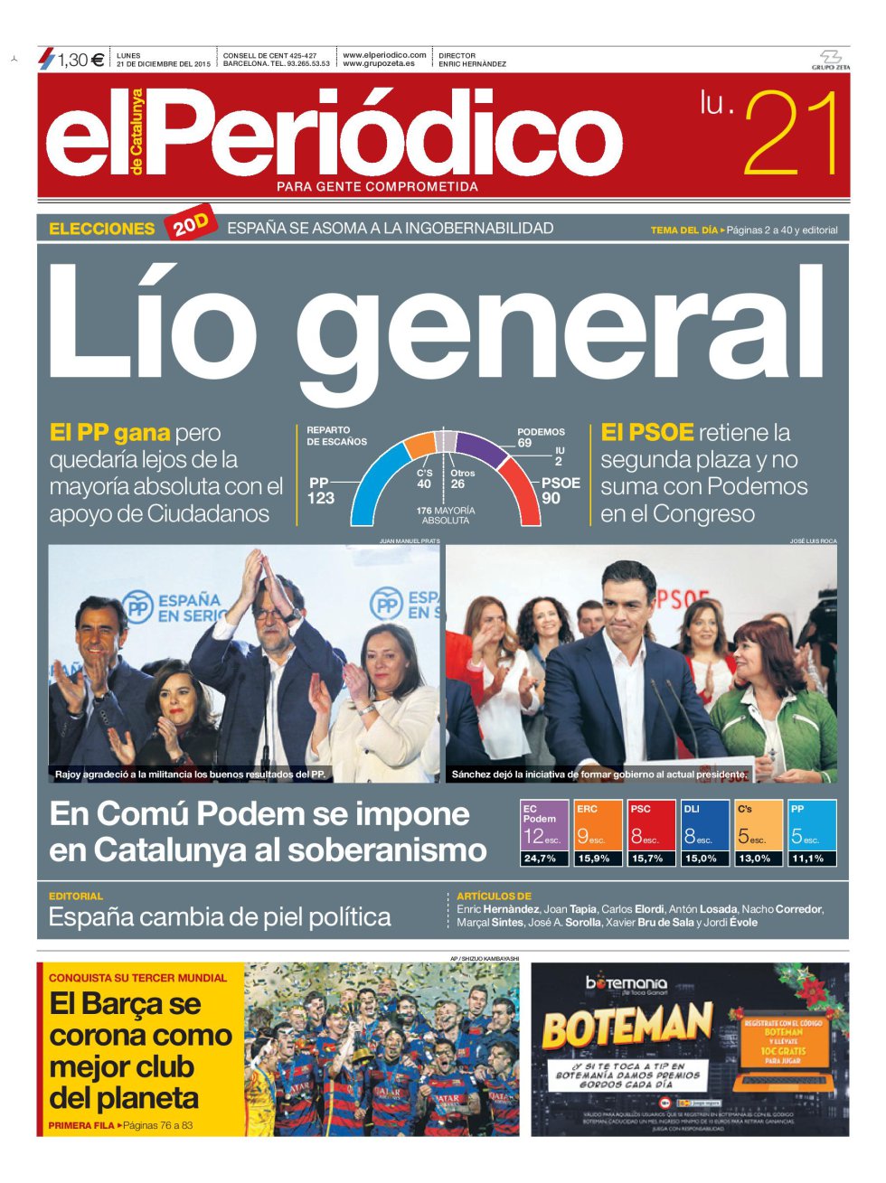 Portada de 'El Periódico' del lunes 21 de diciembre de 2015. Portada de 'El Periódico' del lunes 21 de diciembre de 2015.