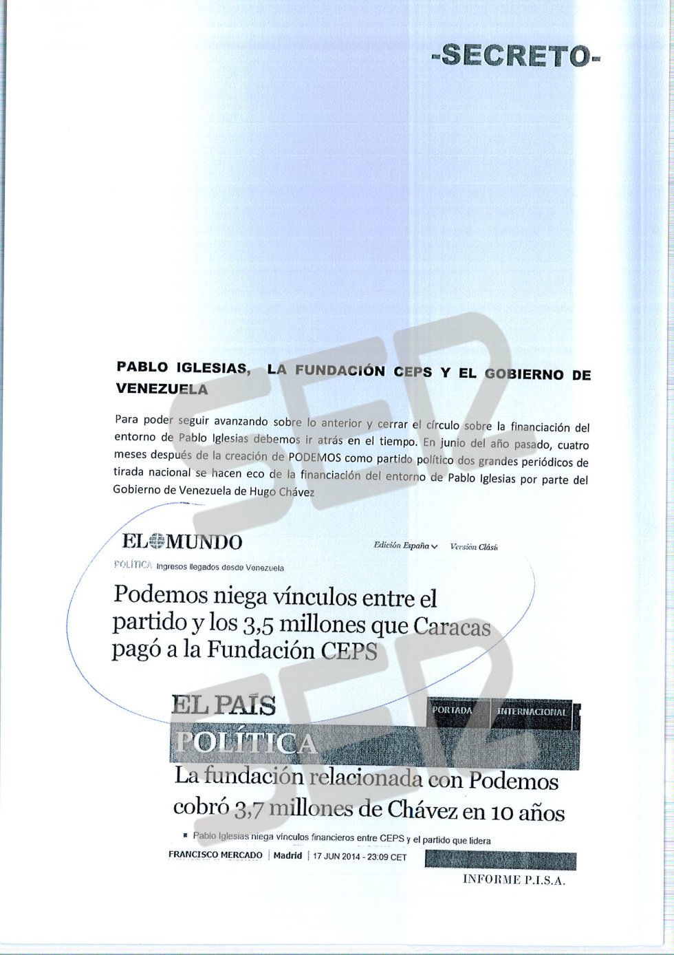 'Informe PISA' (Pablo Iglesias S.A.) de la UDEF. 'Informe PISA' (Pablo Iglesias S.A.) de la UDEF.