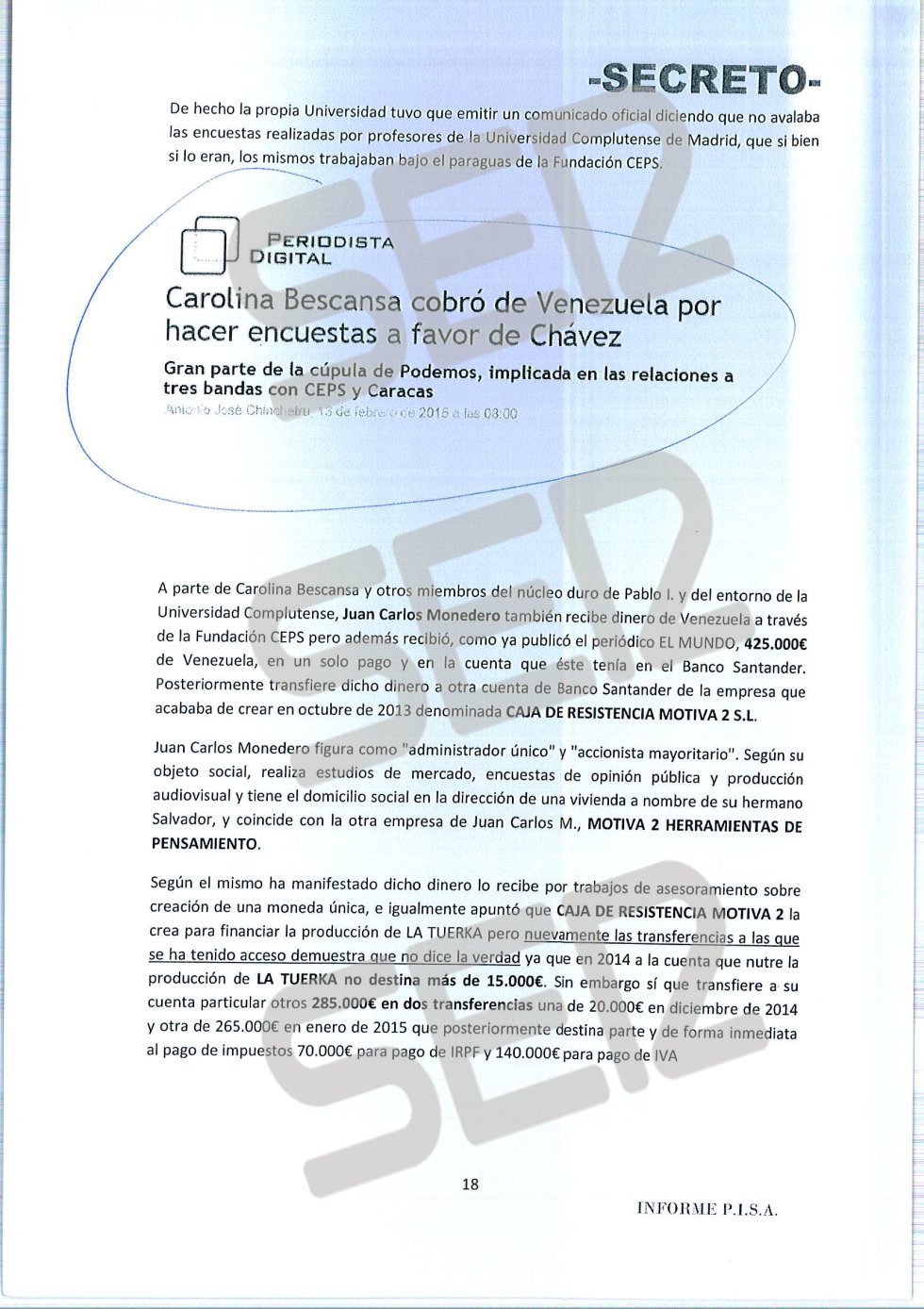 'Informe PISA' (Pablo Iglesias S.A.) de la UDEF. 'Informe PISA' (Pablo Iglesias S.A.) de la UDEF.