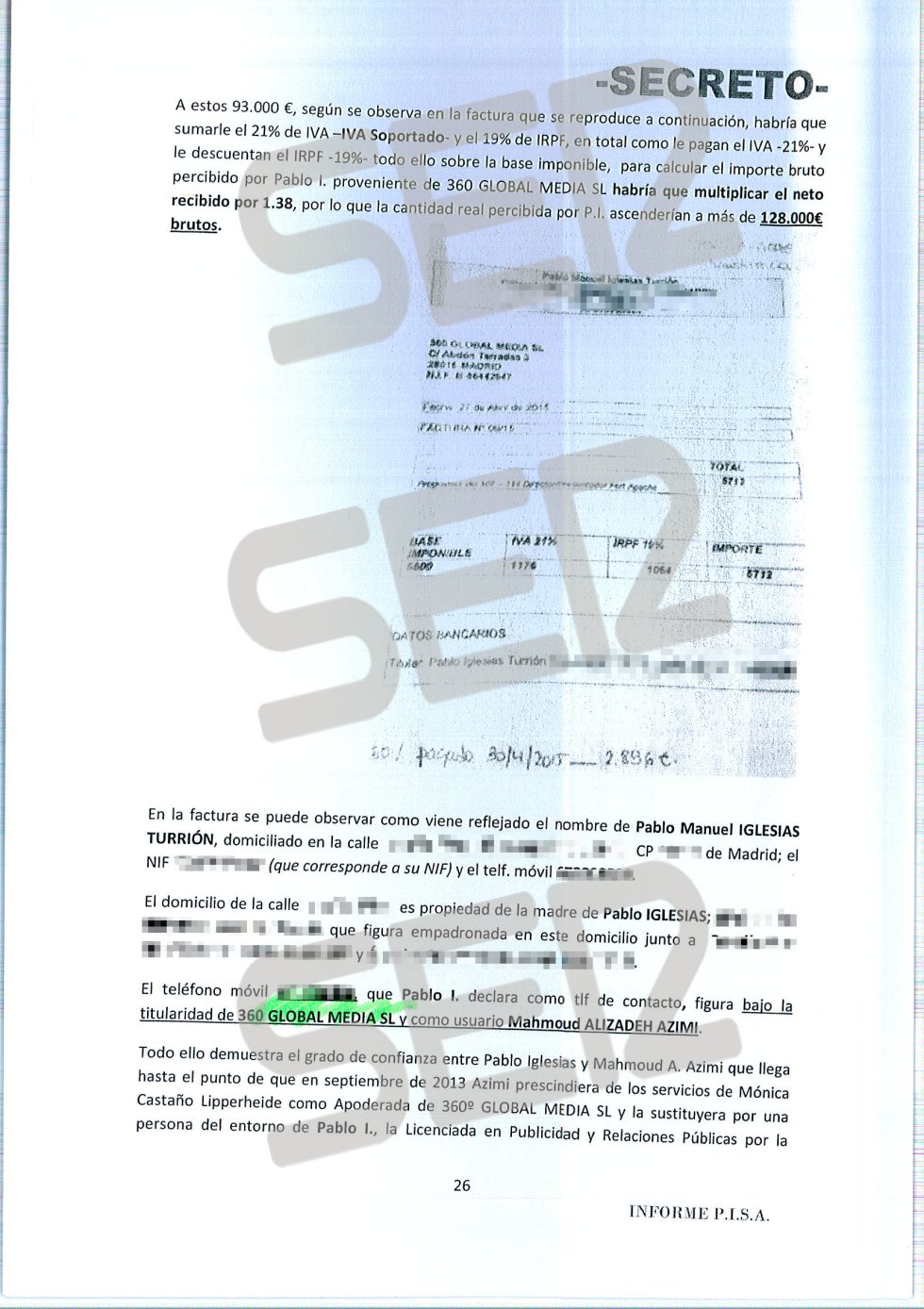 'Informe PISA' (Pablo Iglesias S.A.) de la UDEF. 'Informe PISA' (Pablo Iglesias S.A.) de la UDEF.