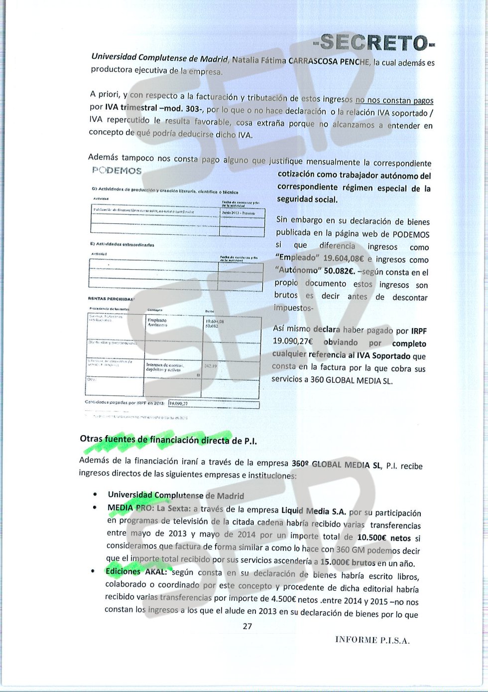 'Informe PISA' (Pablo Iglesias S.A.) de la UDEF. 'Informe PISA' (Pablo Iglesias S.A.) de la UDEF.