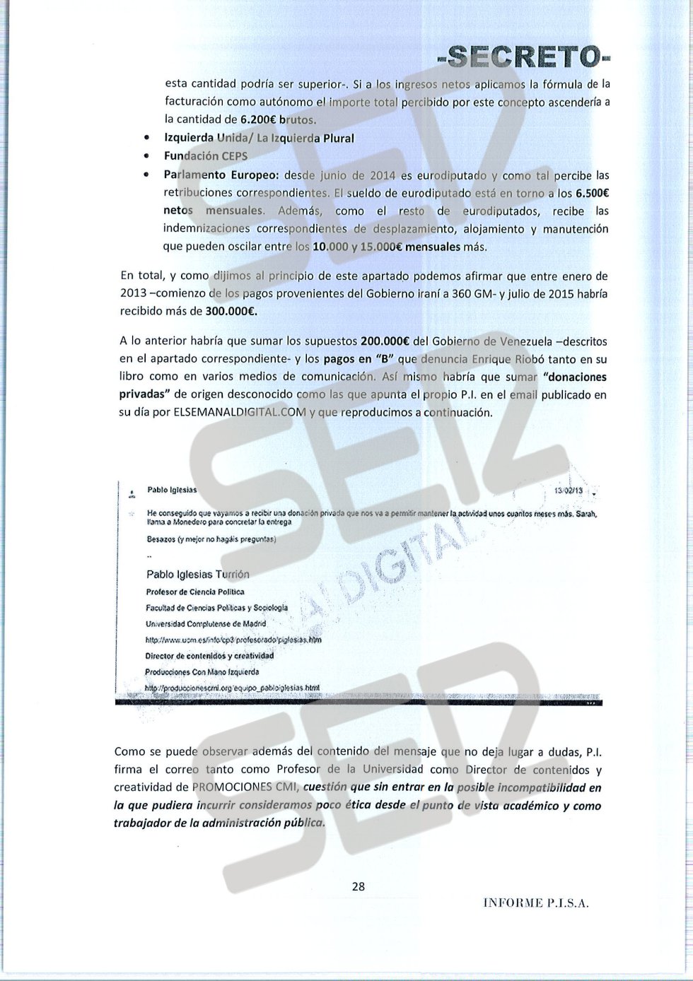 'Informe PISA' (Pablo Iglesias S.A.) de la UDEF. 'Informe PISA' (Pablo Iglesias S.A.) de la UDEF.
