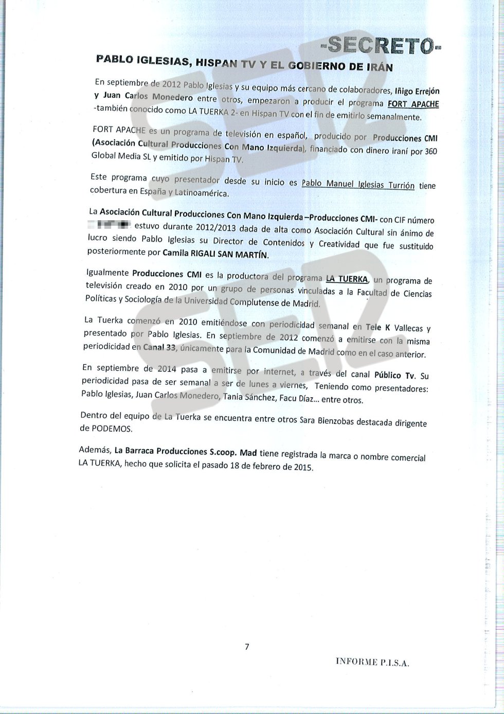 'Informe PISA' (Pablo Iglesias S.A.) de la UDEF. 'Informe PISA' (Pablo Iglesias S.A.) de la UDEF.