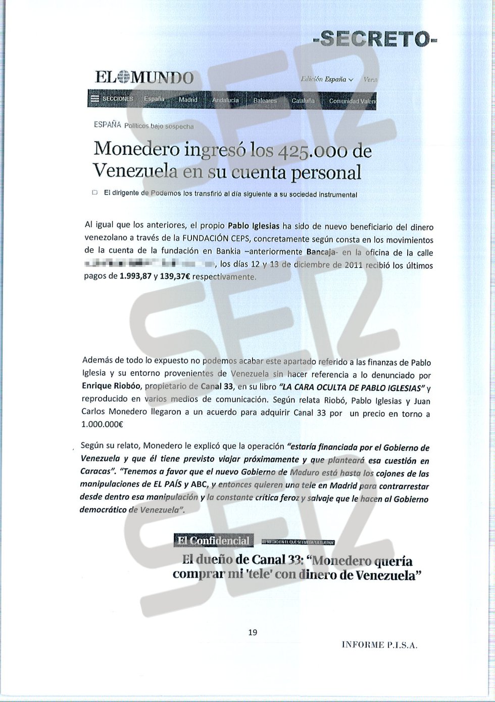 'Informe PISA' (Pablo Iglesias S.A.) de la UDEF 'Informe PISA' (Pablo Iglesias S.A.) de la UDEF