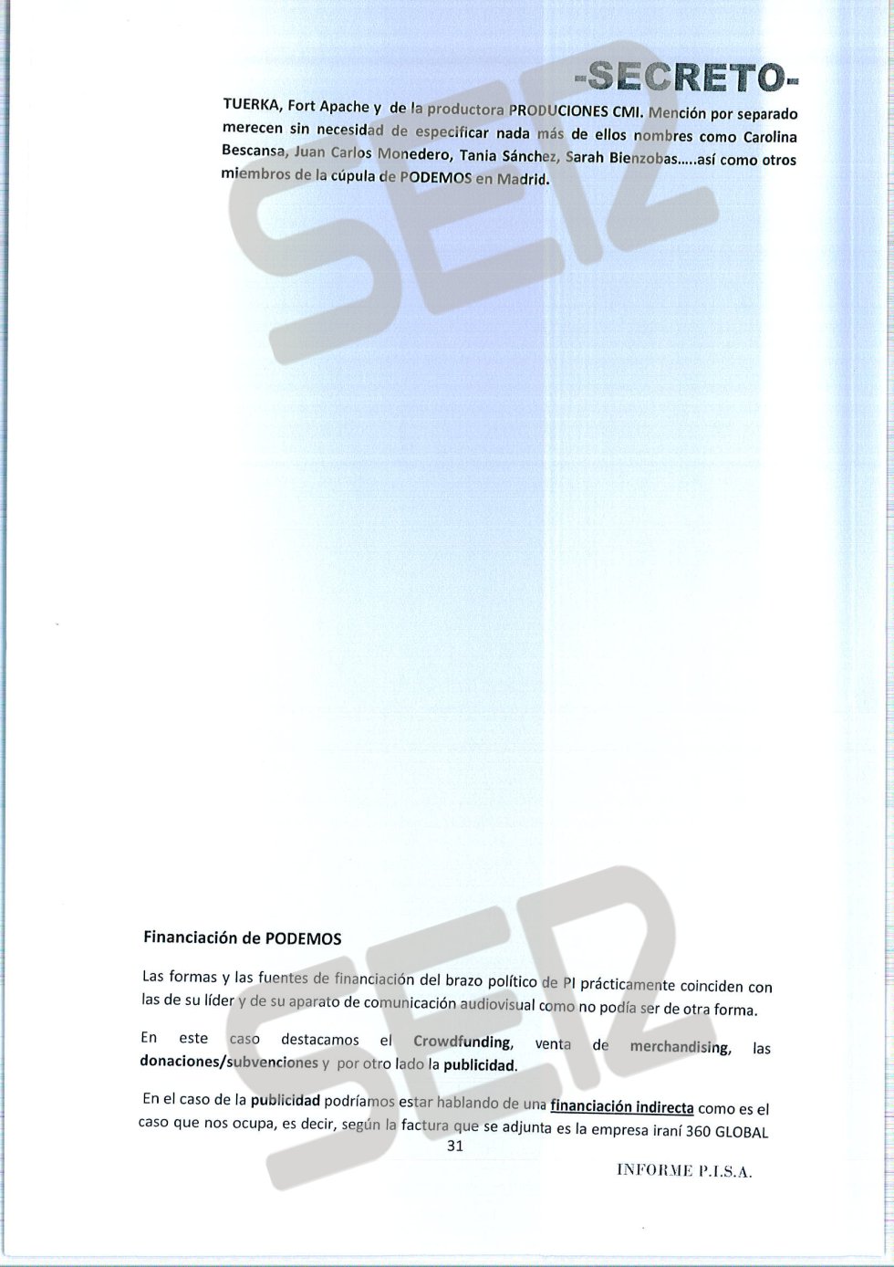 'Informe PISA' (Pablo Iglesias S.A.) de la UDEF. 'Informe PISA' (Pablo Iglesias S.A.) de la UDEF.