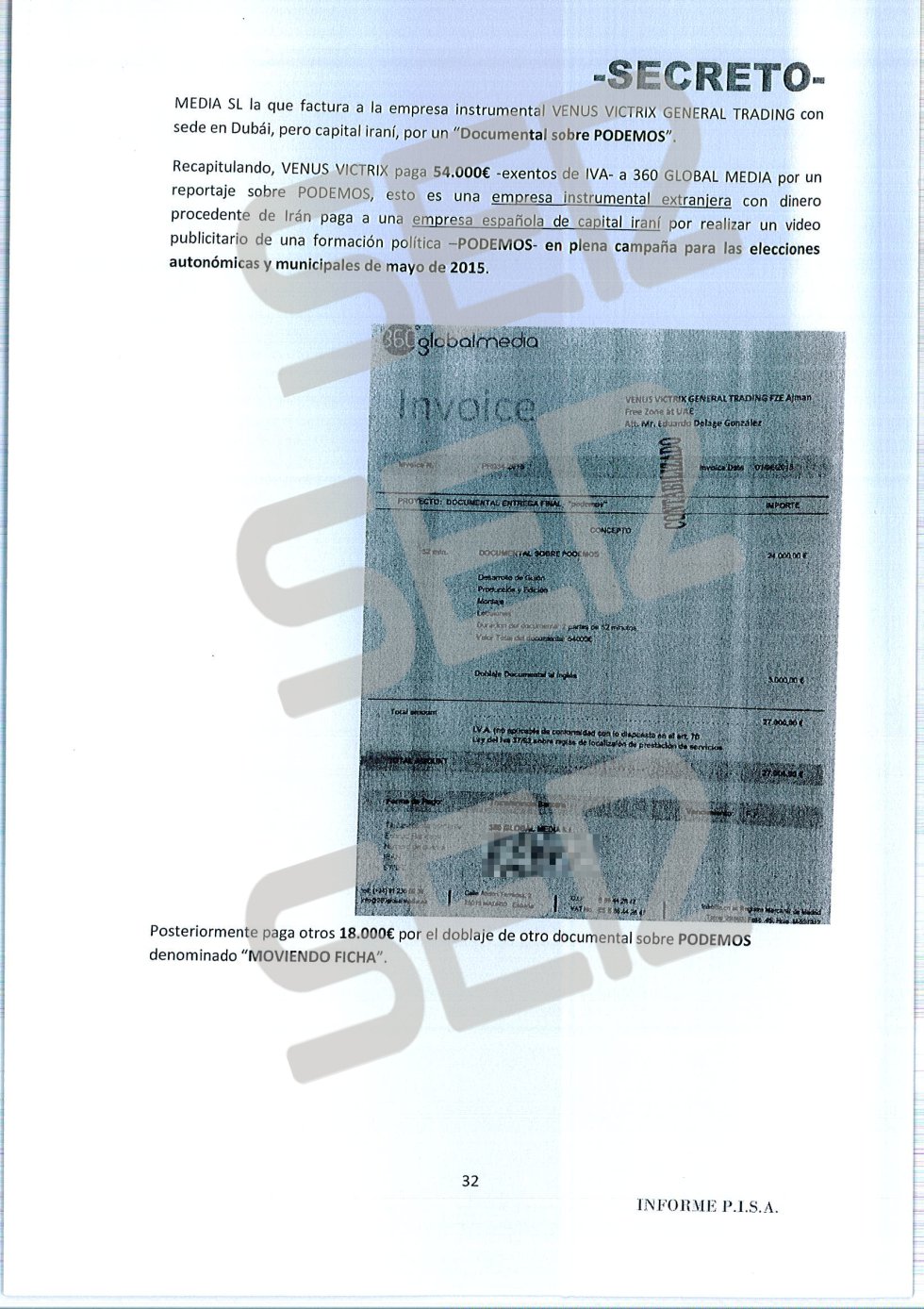 'Informe PISA' (Pablo Iglesias S.A.) de la UDEF. 'Informe PISA' (Pablo Iglesias S.A.) de la UDEF.