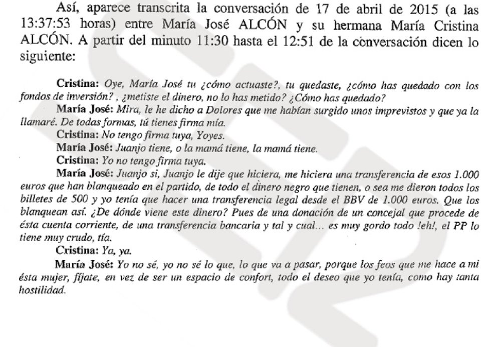 En el sumario de la Operación Taula también figura una conversación telefónica de la exconcejala del PP María José Alcón con su hermana, en la que explica abiertamente cómo se hace el blanqueo de dinero en el partido. Alcón llega a decir: "Es muy gordo todo. El PP lo tiene muy crudo". La conversación fue grabada el 17 de abril de 2015, pocas semanas antes de que se celebrasen las elecciones municipales del año pasado. En el sumario de la Operación Taula también figura una conversación telefónica de la exconcejala del PP María José Alcón con su hermana, en la que explica abiertamente cómo se hace el blanqueo de dinero en el partido. Alcón llega a decir: "Es muy gordo todo. El PP lo tiene muy crudo". La conversación fue grabada el 17 de abril de 2015, pocas semanas antes de que se celebrasen las elecciones municipales del año pasado.
