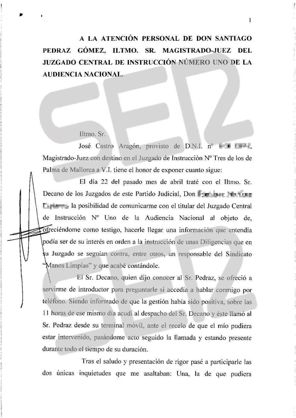 Carta íntegra de José Castro a Santiago Pedraz (1/6). Carta íntegra de José Castro a Santiago Pedraz (1/6).