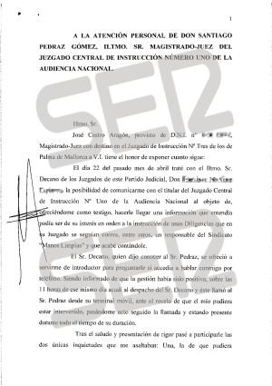 Carta íntegra de José Castro a Santiago Pedraz.
