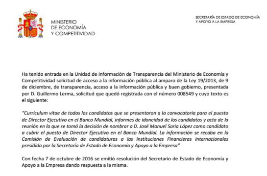 Respuesta del Gobierno en el portal de transparencia sobre el caso Soria [Pincha para consultar el documento completo]