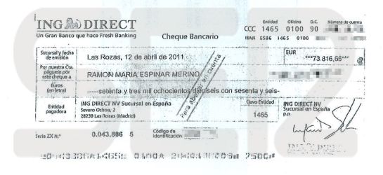 Cheque a nombre de Ramón Espinar por valor de 73.816 euros.