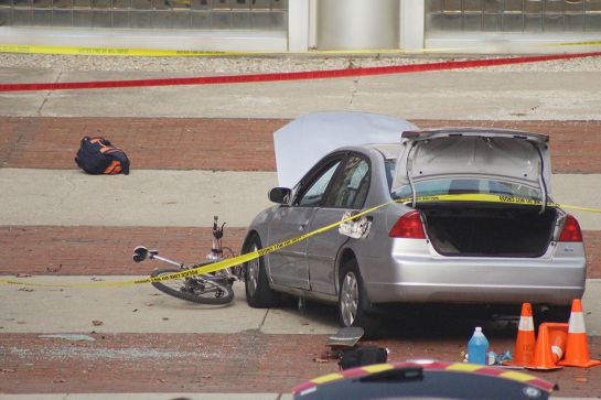 A car which police say was used by an attacker to plow into a group of students is seen outside Watts Hall on Ohio State University's campus in Columbus, Ohio, U.S. November 28, 2016. Courtesy of Mason Swires/thelantern.com/Handout via REUTERS ATTENTION EDITORS - THIS IMAGE WAS PROVIDED BY A THIRD PARTY. EDITORIAL USE ONLY. NO ARCHIVES. NO SALES. MANDATORY CREDIT. TPX IMAGES OF THE DAY