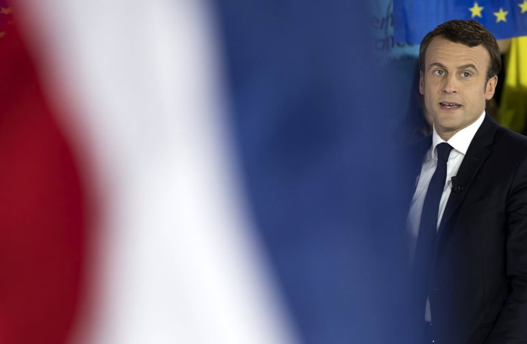 El candidato socioliberal a las presidenciales francesas, Emmanuel Macron durante un acto electoral celebrado en París