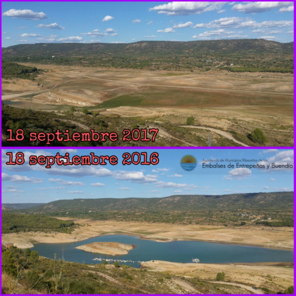 Dos imágenes del embalse de Entrepeñas, situado en la Alcarria Baja de Guadalajara, en el cauce del río Tajo. La sequía en Castilla-La Mancha ha provocado que el embalse de Entrepeñas se encuentren al 9,4% de su capacidad, con 156 hectómetros. Dos imágenes del embalse de Entrepeñas, situado en la Alcarria Baja de Guadalajara, en el cauce del río Tajo. La sequía en Castilla-La Mancha ha provocado que el embalse de Entrepeñas se encuentren al 9,4% de su capacidad, con 156 hectómetros.