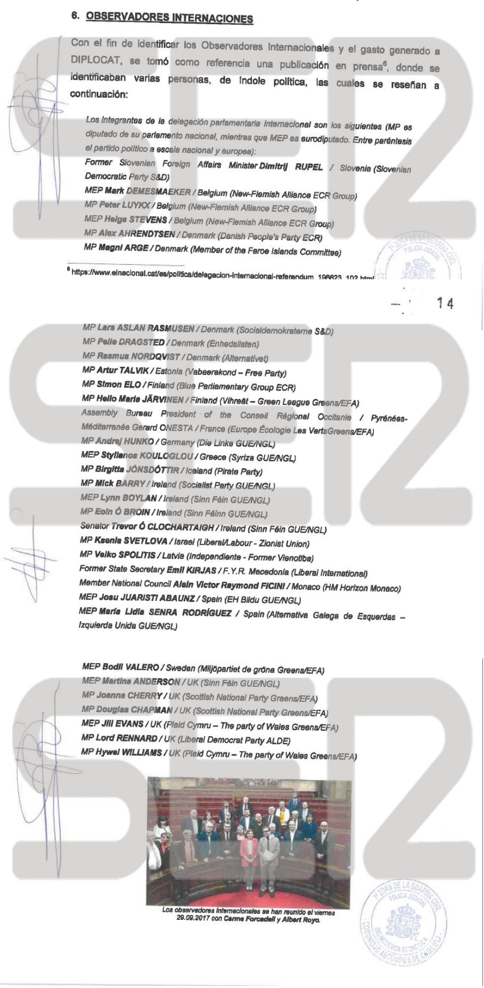 Parte del informe de la Guardia Civil en el que se identifican a los observadores internacionales a los que Diplocat pagó gastos de avión y hotel por importe de 40.000 euros. Parte del informe de la Guardia Civil en el que se identifican a los observadores internacionales a los que Diplocat pagó gastos de avión y hotel por importe de 40.000 euros.