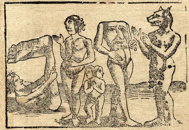 Xilografía de Sebastian Münster de 1544 que representa, de izquierda a derecha, un esciápodo, un cíclope, unos siameses, un blemio y un cinocéfalo