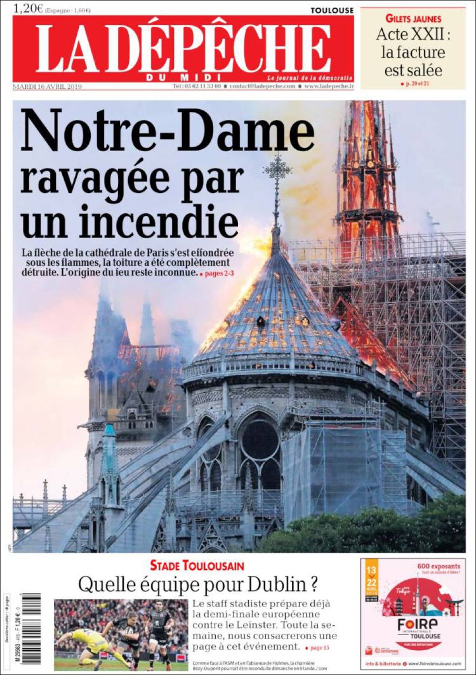 'Notre Dame, devastado por un incendio', titula 'La Depeche' 'Notre Dame, devastado por un incendio', titula 'La Depeche'