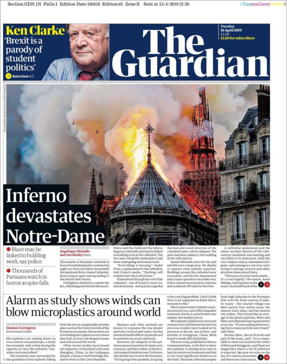 'El infierno devasta Notre Dame', titula el diario inglés 'The Guardian', que dedica más de la mitad de su portada al incendio 'El infierno devasta Notre Dame', titula el diario inglés 'The Guardian', que dedica más de la mitad de su portada al incendio