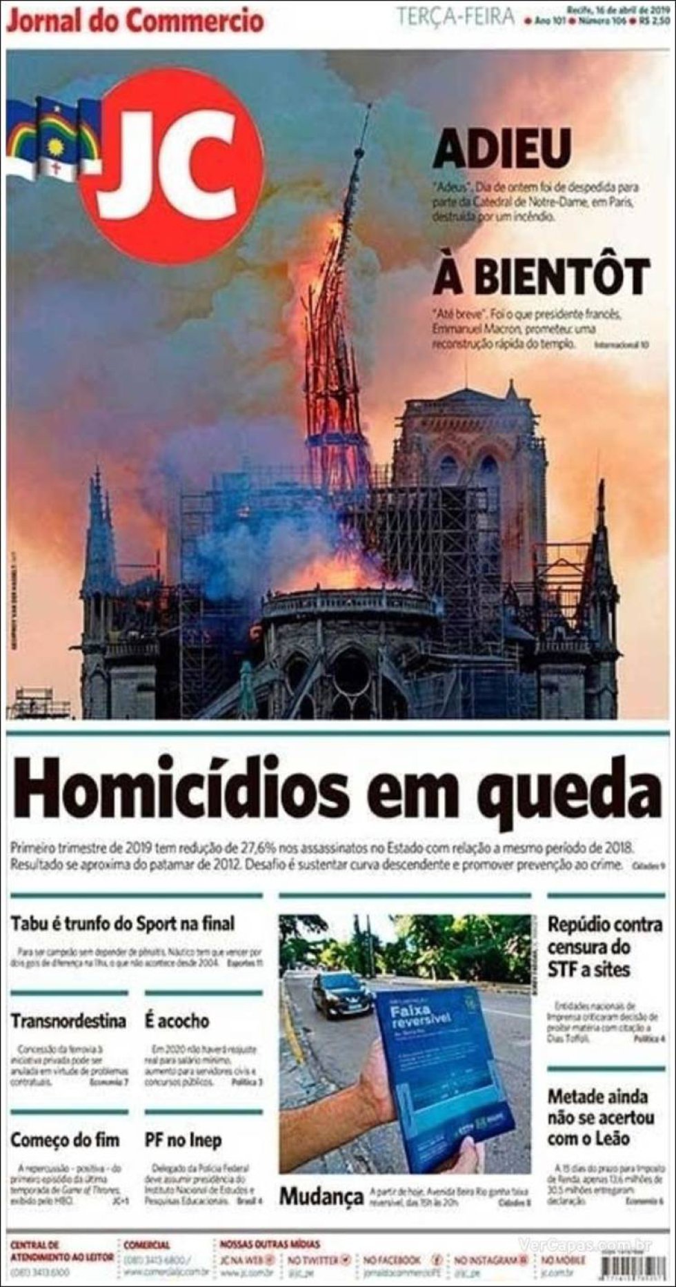 El diario brasileño 'Jornal do Commercio' también despide a la catedral de París en su portada El diario brasileño 'Jornal do Commercio' también despide a la catedral de París en su portada