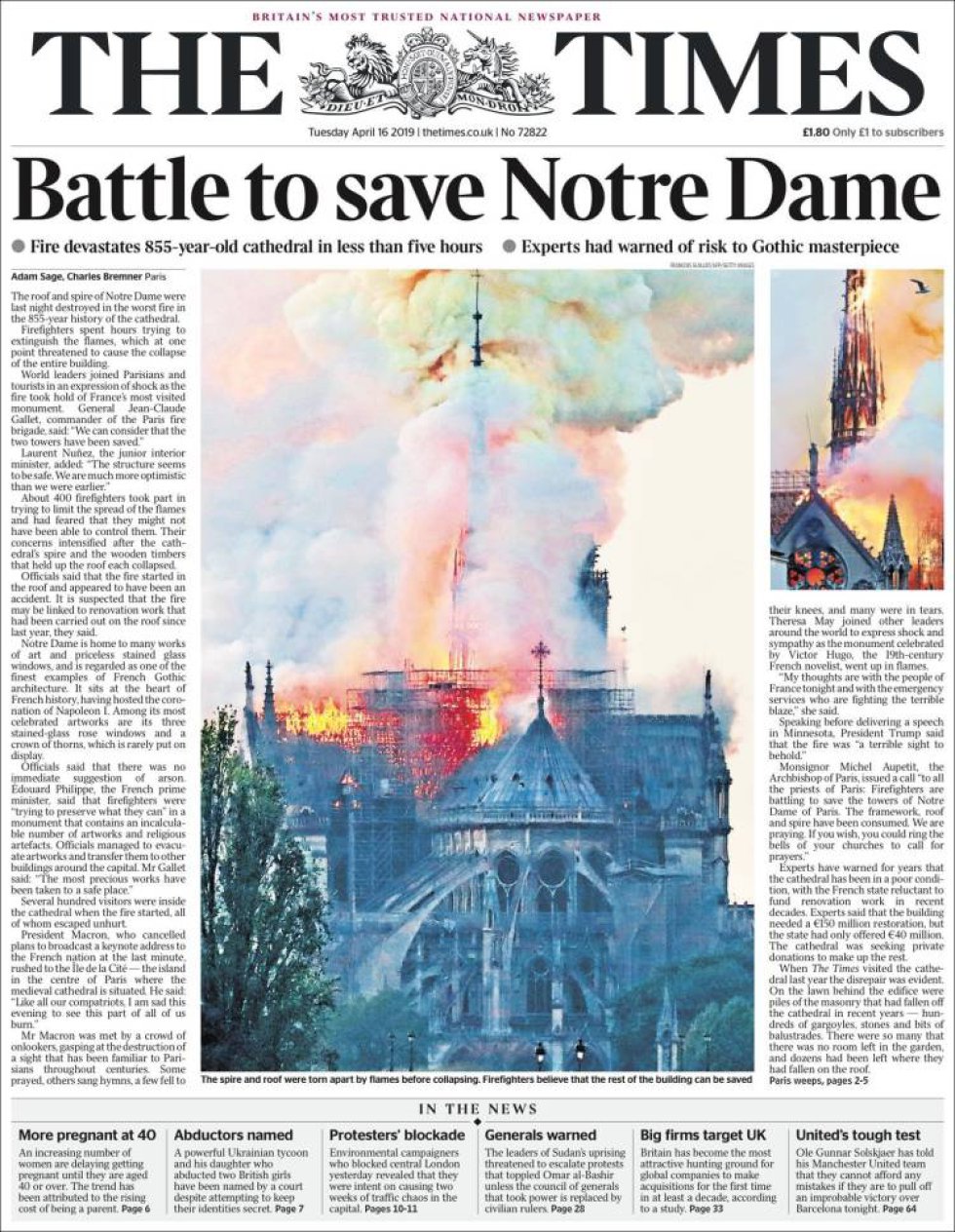 'Batalla para salvar Notre Dame', dice el diario británico 'The Times' 'Batalla para salvar Notre Dame', dice el diario británico 'The Times'
