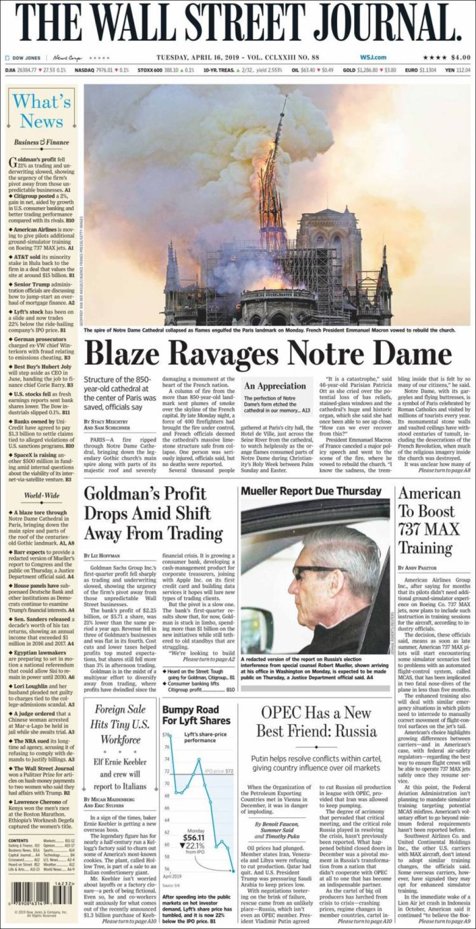 El incendio de París también ocupa la portada del diario norteamericano 'The Wall Street Journal' El incendio de París también ocupa la portada del diario norteamericano 'The Wall Street Journal'