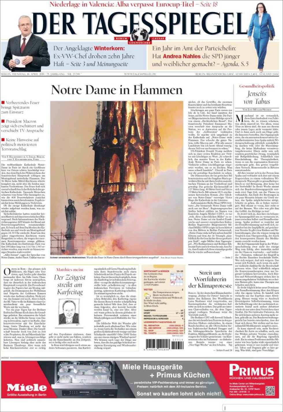 El diario aleman 'Der Tagesspiegel' titula con un escueto 'Notre Dame en llamas' y una foto pequeña de la catedral El diario aleman 'Der Tagesspiegel' titula con un escueto 'Notre Dame en llamas' y una foto pequeña de la catedral