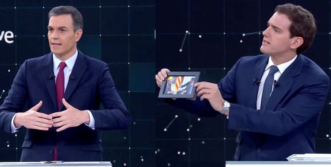 Los candidatos a la Presidencia del Gobierno Pedro Sánchez y Albert Rivera, durante el debate.