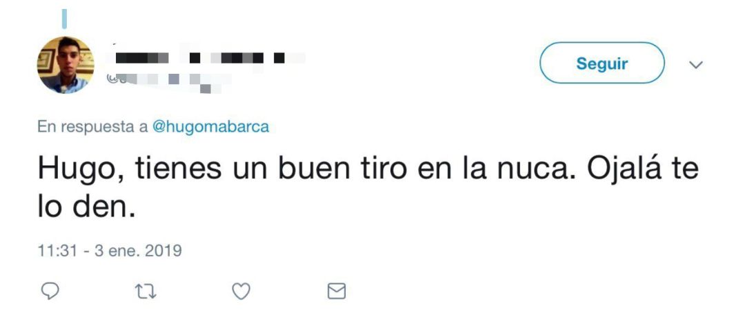 Captura de la imagen con el tuit de las amenazas contra el diputado de Más Madrid, Hugo Martínez Abarca