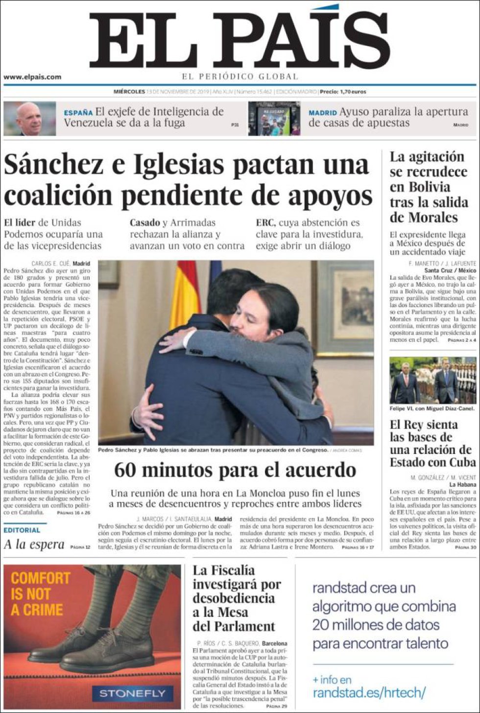 Las interpretaciones del abrazo de Sánchez e Iglesias, en la prensa Las interpretaciones del abrazo de Sánchez e Iglesias, en la prensa