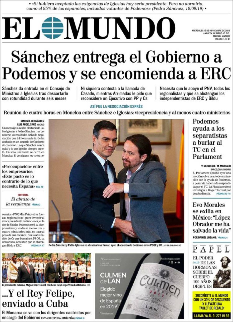Las interpretaciones del abrazo de Sánchez e Iglesias, en la prensa Las interpretaciones del abrazo de Sánchez e Iglesias, en la prensa