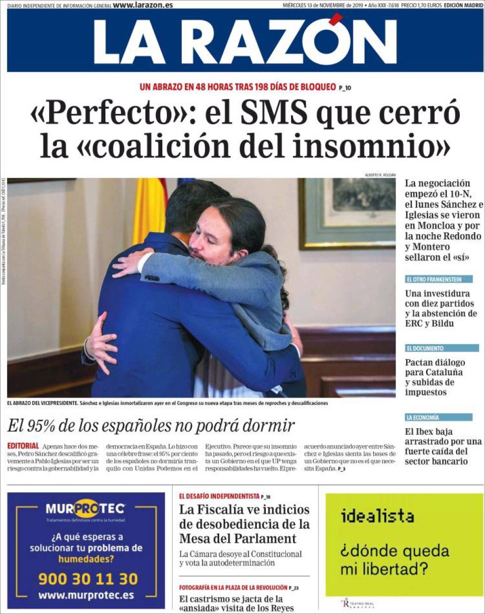 Las interpretaciones del abrazo de Sánchez e Iglesias, en la prensa Las interpretaciones del abrazo de Sánchez e Iglesias, en la prensa