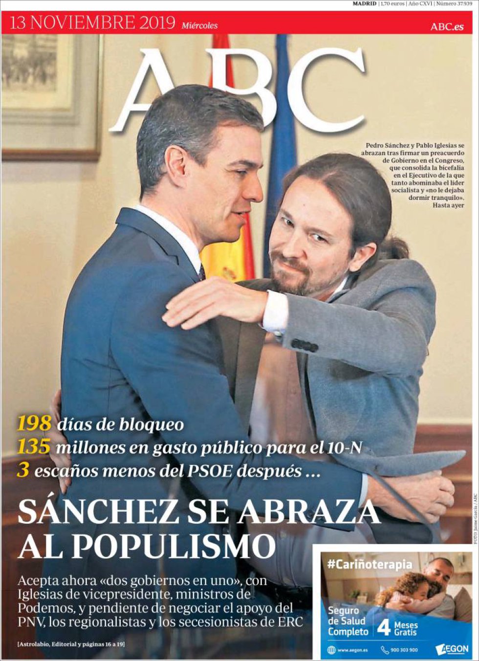 Las interpretaciones del abrazo de Sánchez e Iglesias, en la prensa Las interpretaciones del abrazo de Sánchez e Iglesias, en la prensa