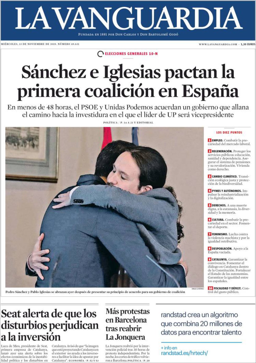 Las interpretaciones del abrazo de Sánchez e Iglesias, en la prensa Las interpretaciones del abrazo de Sánchez e Iglesias, en la prensa