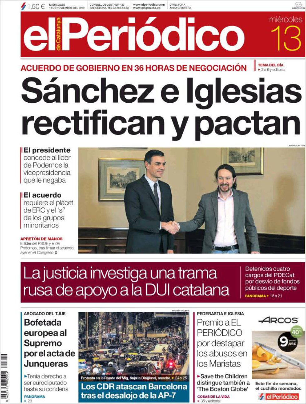 Las interpretaciones del abrazo de Sánchez e Iglesias, en la prensa Las interpretaciones del abrazo de Sánchez e Iglesias, en la prensa