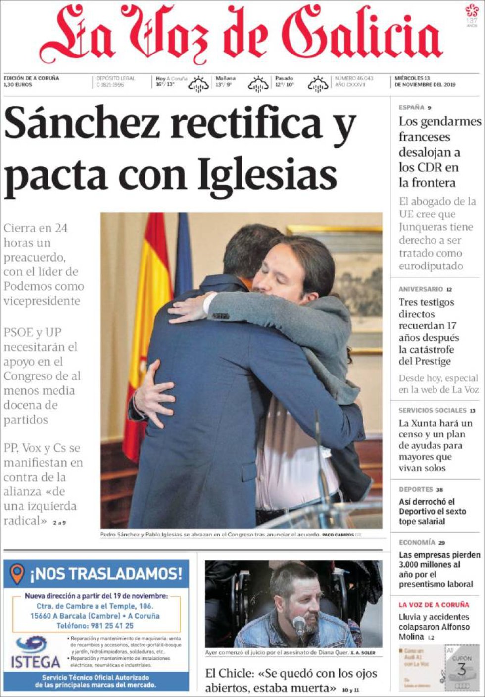 Las interpretaciones del abrazo de Sánchez e Iglesias, en la prensa Las interpretaciones del abrazo de Sánchez e Iglesias, en la prensa