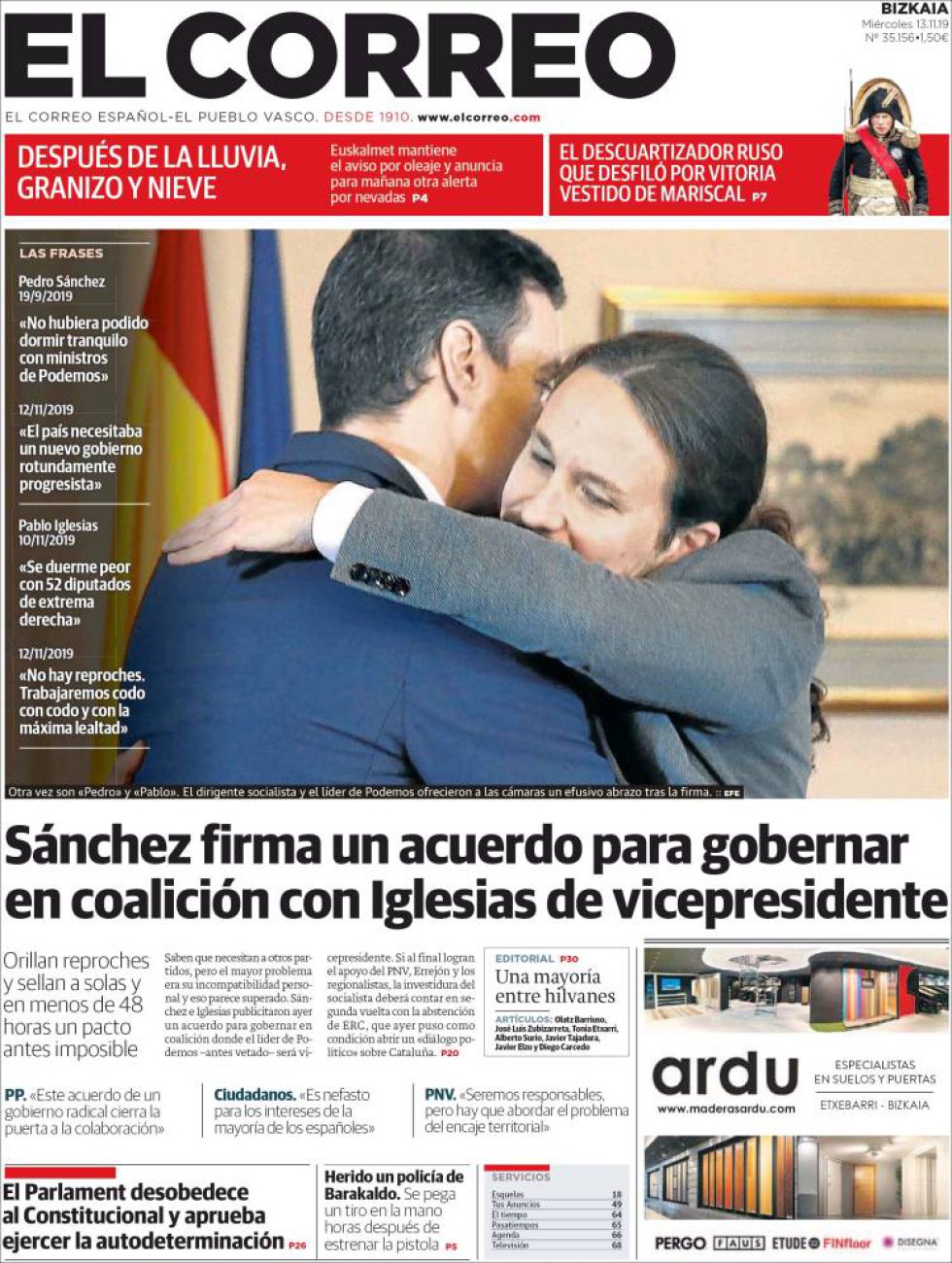Las interpretaciones del abrazo de Sánchez e Iglesias, en la prensa Las interpretaciones del abrazo de Sánchez e Iglesias, en la prensa