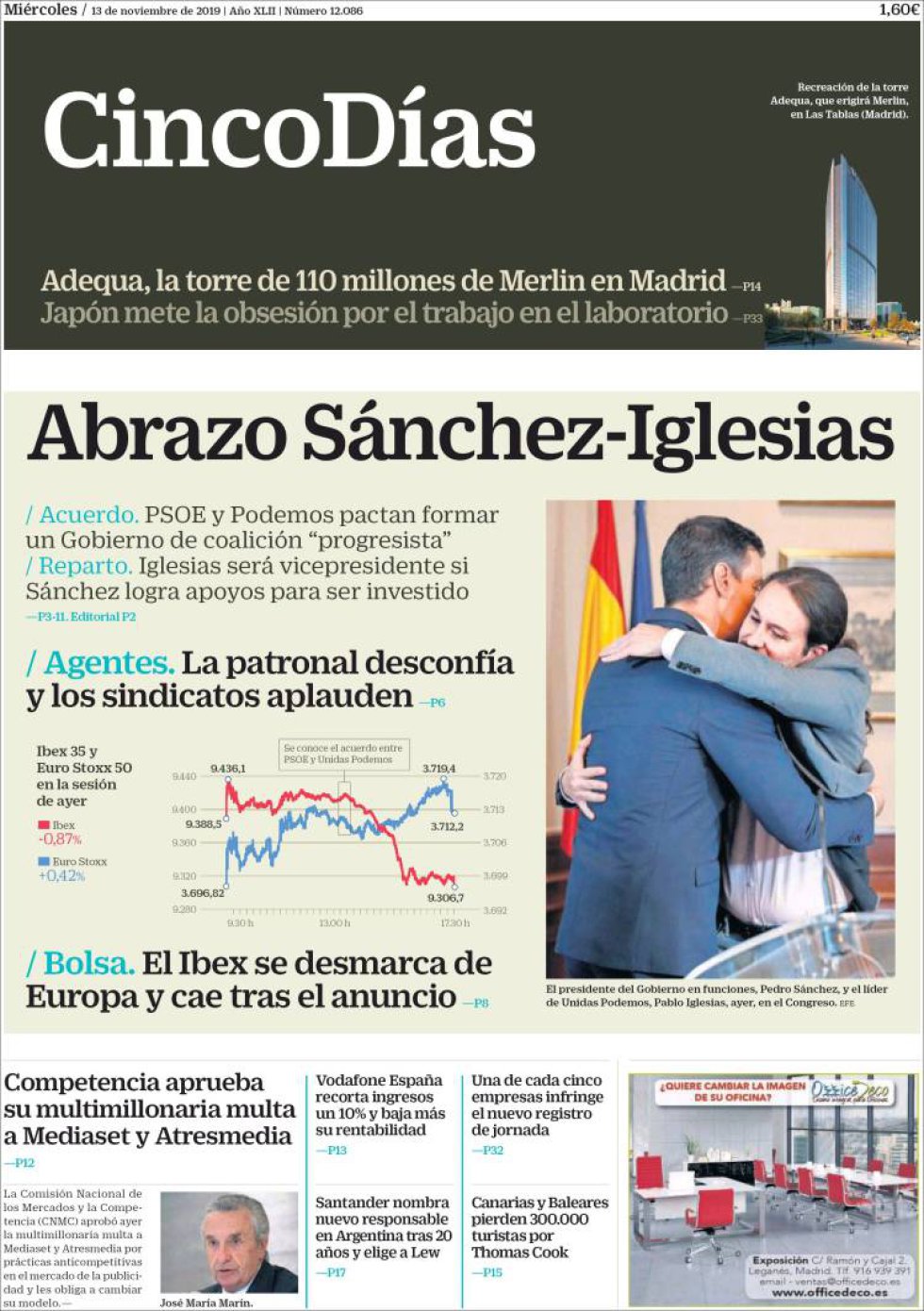 Las interpretaciones del abrazo de Sánchez e Iglesias, en la prensa Las interpretaciones del abrazo de Sánchez e Iglesias, en la prensa