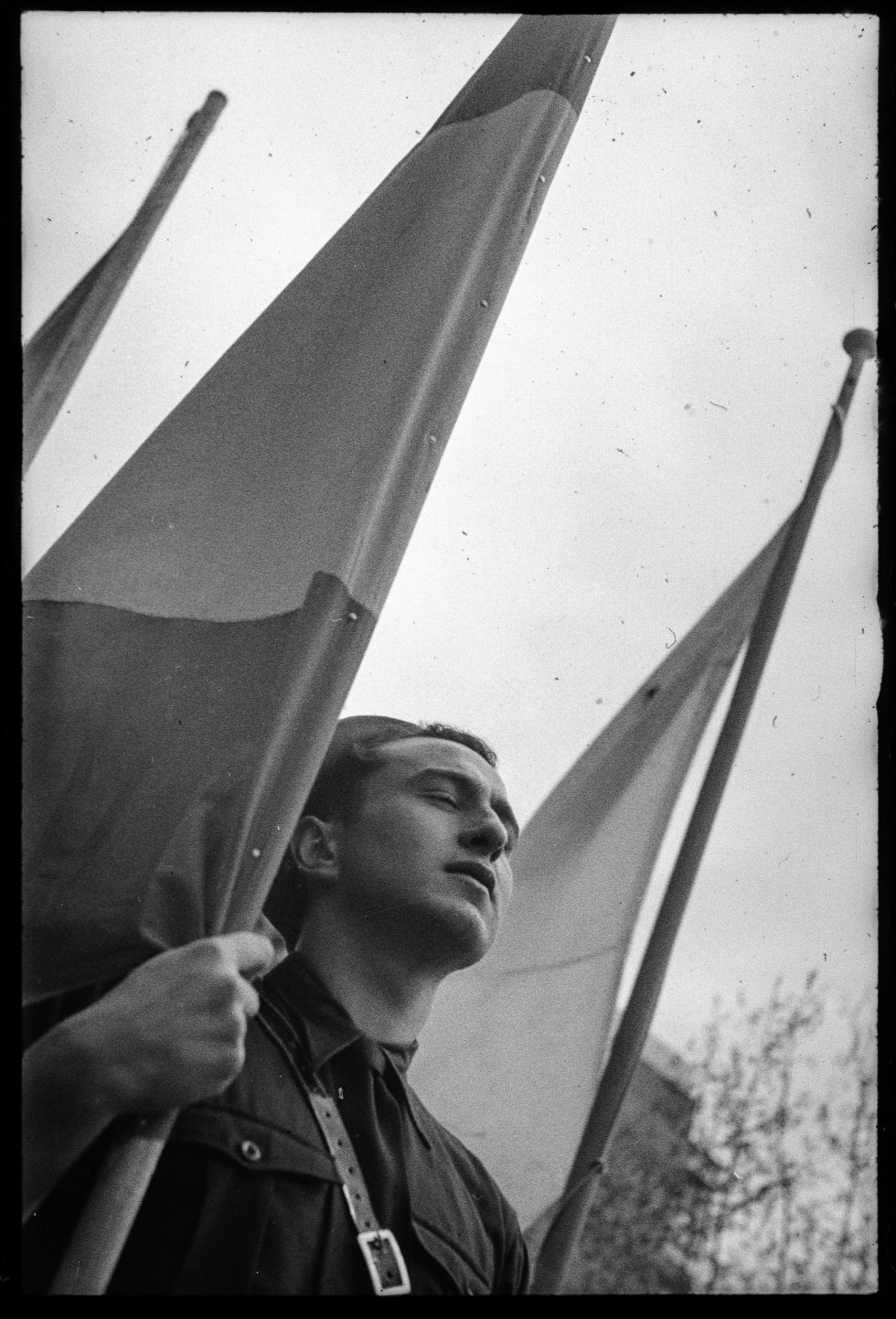 Un joven falangista sostiene una bandera española en el Festival de FET-JONS en homenaje al ministro de Exteriores italiano, Galeazzo Ciano, Barcelona, 11 de julio de 1939 Un joven falangista sostiene una bandera española en el Festival de FET-JONS en homenaje al ministro de Exteriores italiano, Galeazzo Ciano, Barcelona, 11 de julio de 1939