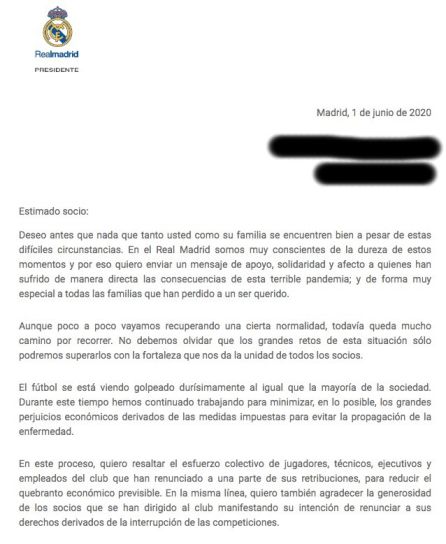 Carta de Florentino Pérez