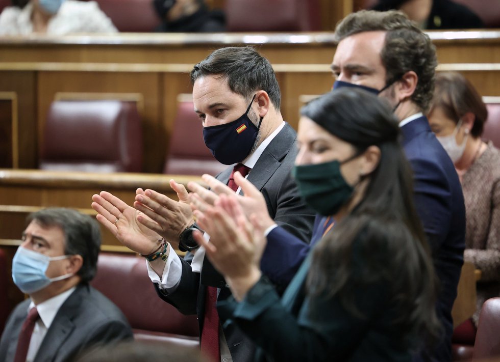 (I-D) El presidente de Vox, Santiago Abascal; el portavoz de Vox en el Congreso de los Diputados, Iván Espinosa de los Monteros; y la portavoz de Vox en el Congreso de los Diputados, Macarena Olona, aplauden durante el pleno (I-D) El presidente de Vox, Santiago Abascal; el portavoz de Vox en el Congreso de los Diputados, Iván Espinosa de los Monteros; y la portavoz de Vox en el Congreso de los Diputados, Macarena Olona, aplauden durante el pleno