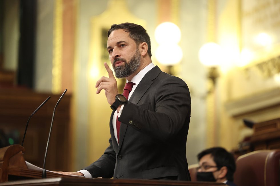 El presidente de Vox, Santiago Abascal, interviene durante el pleno en el que se debate la moción de censura planteada por Vox El presidente de Vox, Santiago Abascal, interviene durante el pleno en el que se debate la moción de censura planteada por Vox